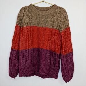 Vero Moda Medium‎ Tan, Red & Magenta Striped Open Knit Cozy Pullover Sweater